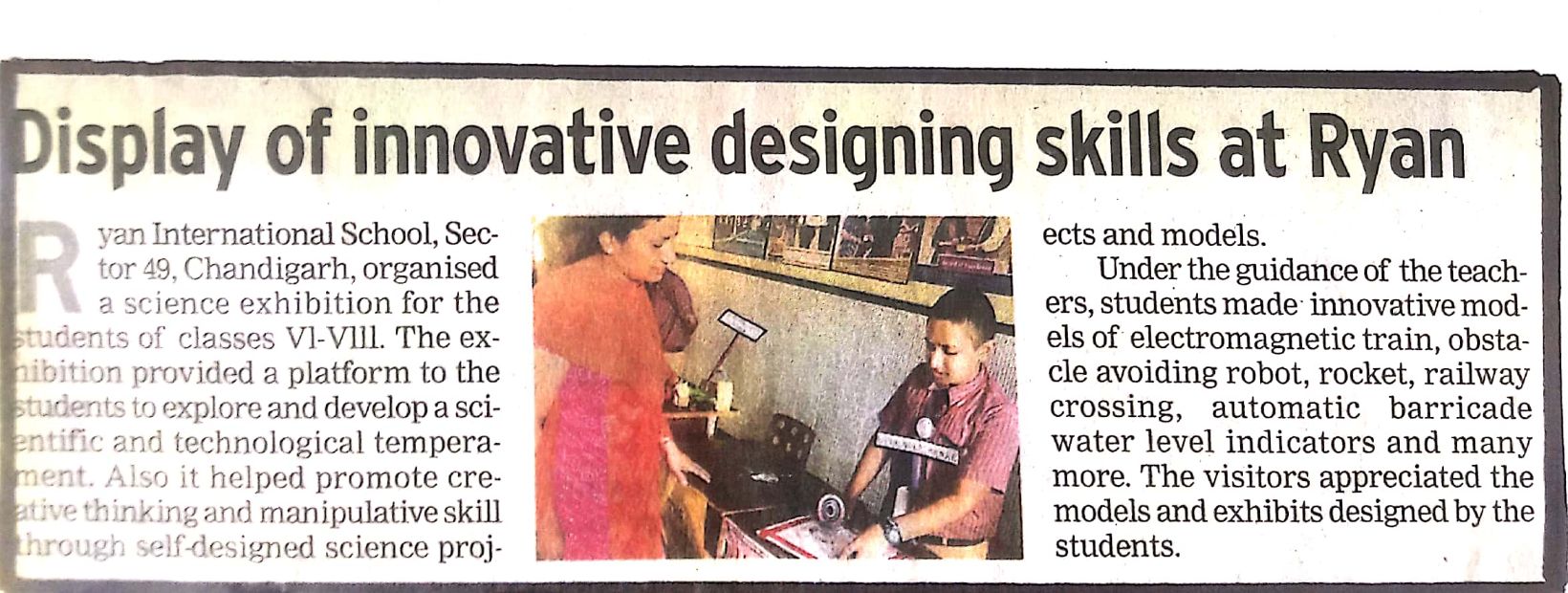Science Exhibition was featured in The Tribune - Ryan International School, Chandigarh